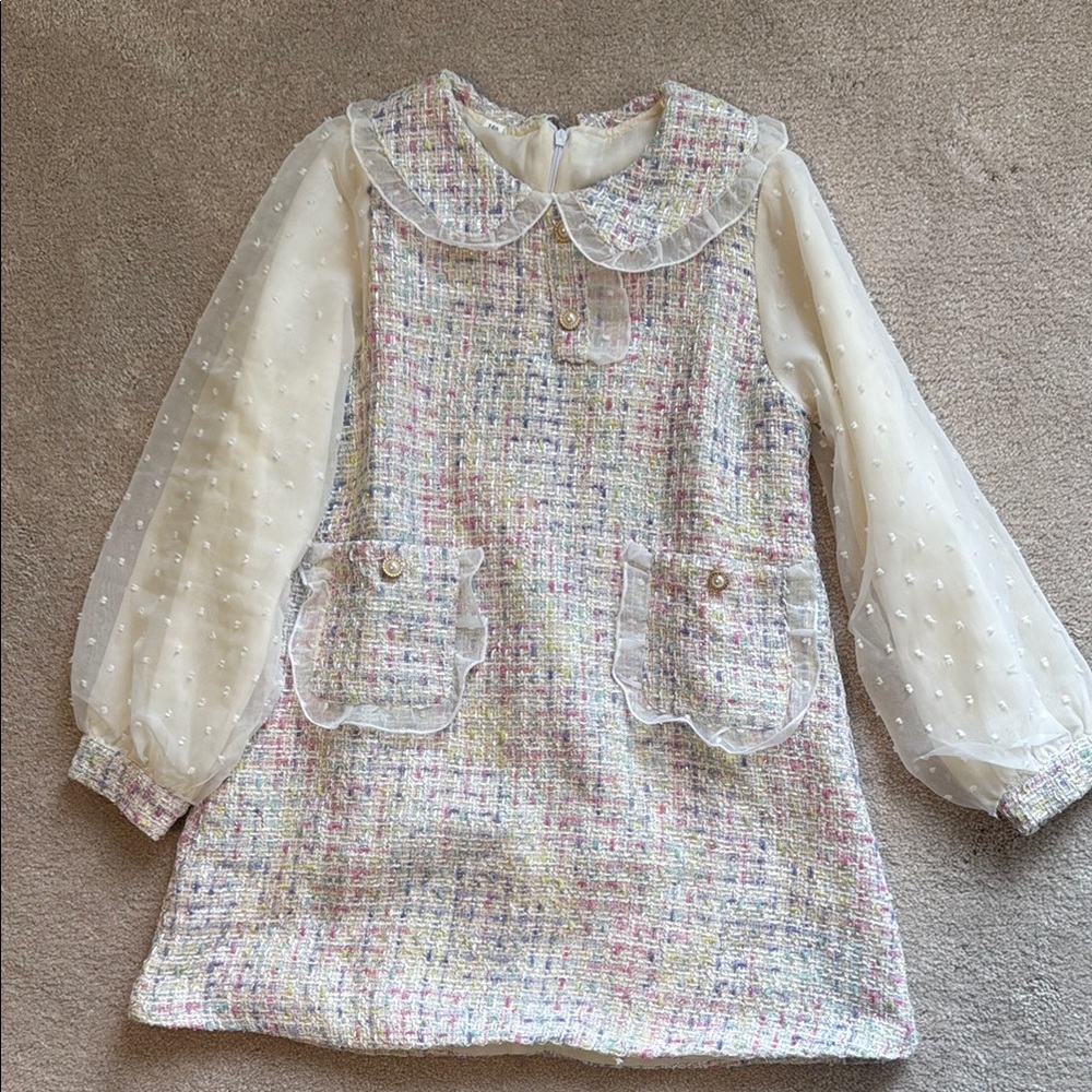 Chic Multicolor Tweed Dress with Sheer Sleeves